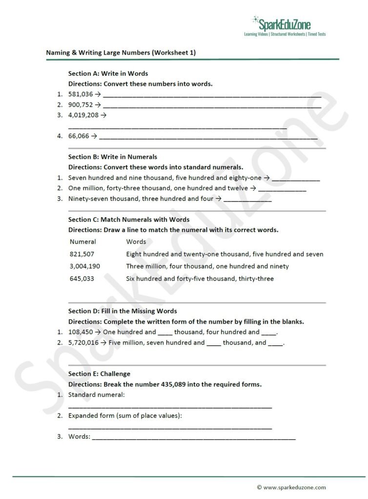 Sample Year 3 worksheet – Naming & Writing Large Numbers