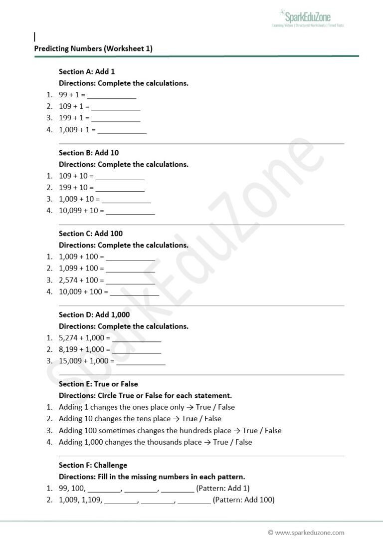 Predicting Pattern Worksheet Predicting Number Patterns – Add 1, 10, 100 & 1,000 | Year 3 (AC9M3N01 ...